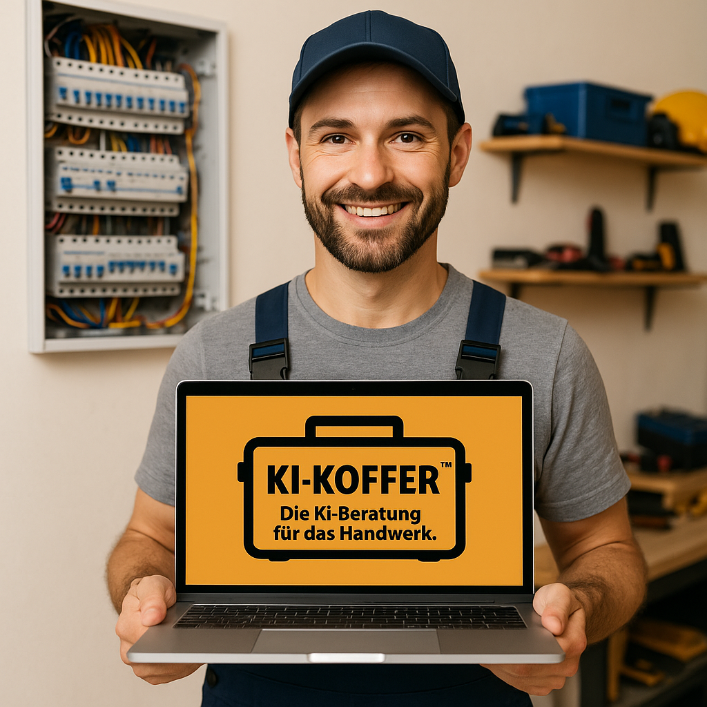 Handwerker präsentiert die KI-Koffer-Beratung fürs Handwerk auf einem Laptop